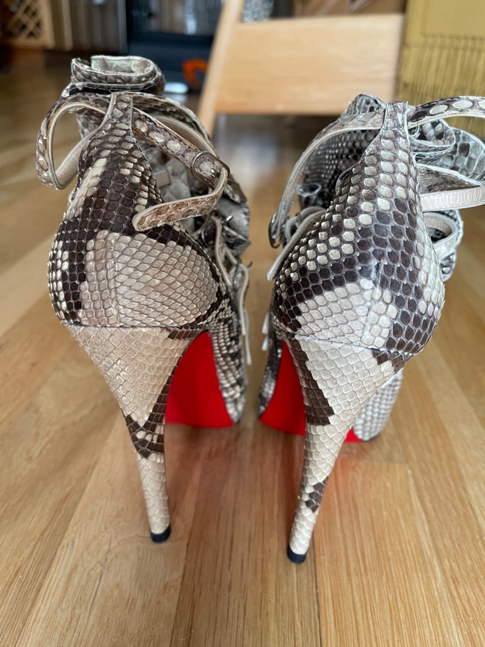 Christian Louboutin Snake-Print Ruffle Ankle Heels in Beige and Brown - Picture 8 of 14
